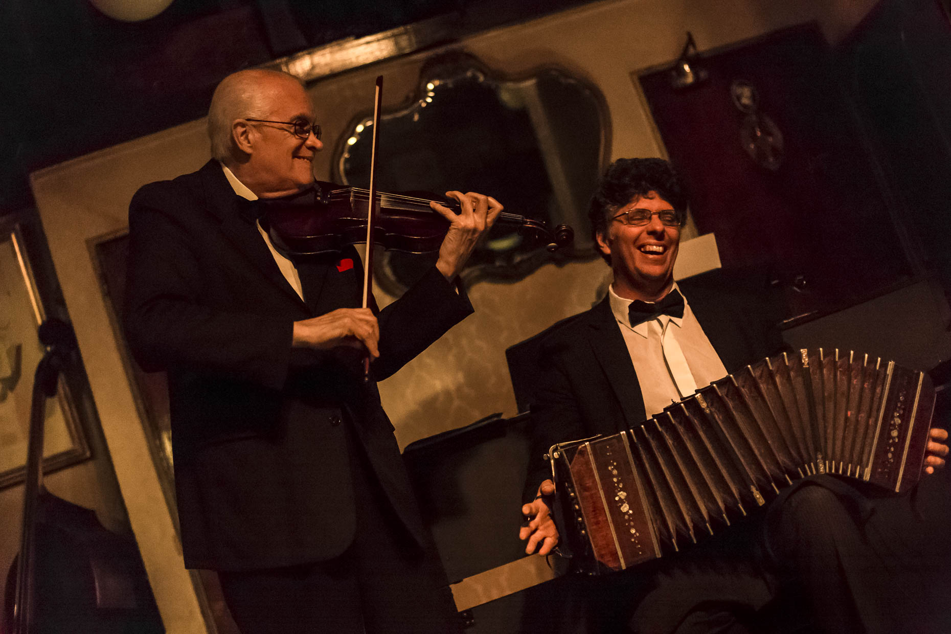 Tango musicians in live performance in bar.